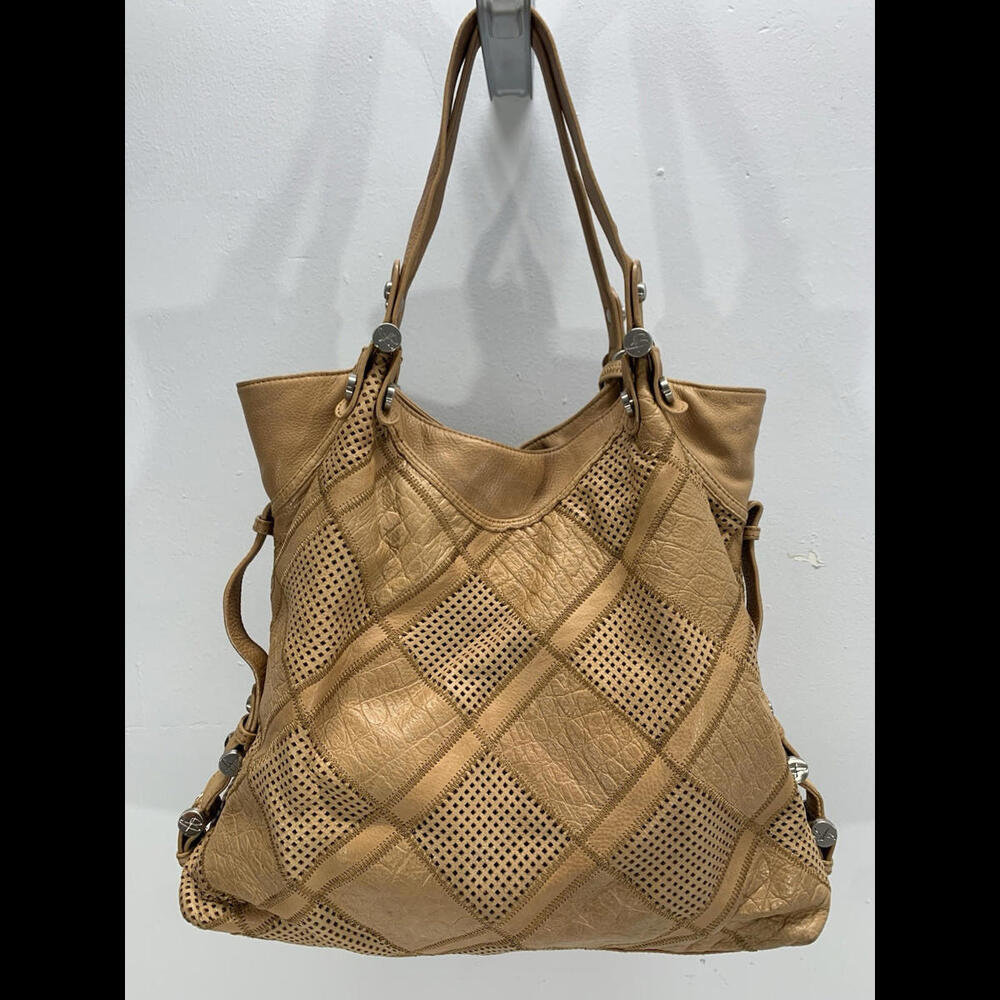 B. Makowsky Beige/Tan Patchwork Leather Weekender Tote Bohemian Shoulder Bag - Picture 2 of 14